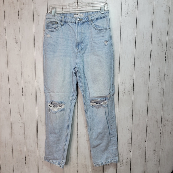 BERSHKA BLUE RIPPED MOM JEANS HIGH WAIST STRAIGHT LEG DISTRESSED Y2K Size US 6. - Picture 2 of 10